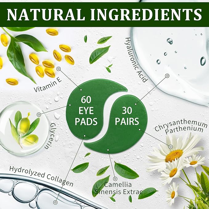 R.A.V Under Eye Patches, Eye Masks, 30 Pairs Collagen Patches for Nourish Firming Repair for Fine Lines, Wrinkles, Dark Circles Bags Eye Treatment, Improve Lines Puffiness for men women (Green Tea)