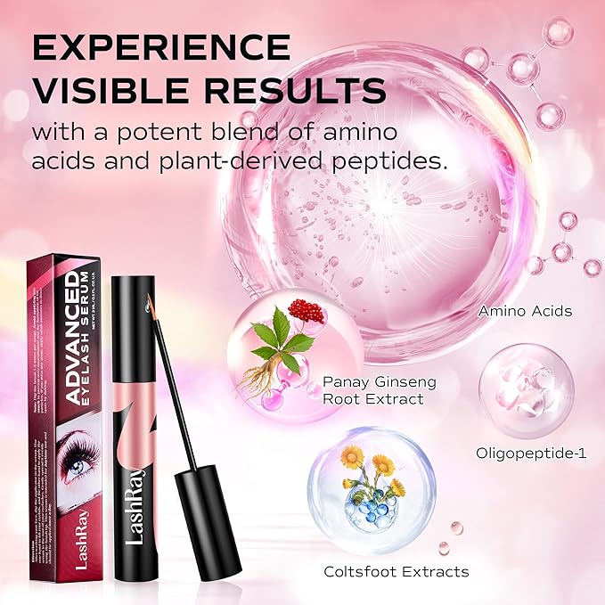 Lash Serum for Eyelash Growth: LashRay Eyelash Enhancing Serum to Grow Longer Thicker Eyelashes and Eyebrows