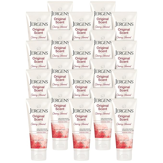 Jergens Original Scent Dry Skin Body Lotion, Hand and Body Moisturizer, Cherry Almond Essence, Dermatologist Tested, 2 Oz, Pack of 20