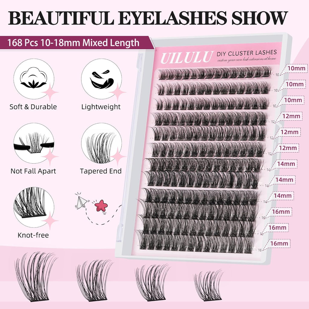 Lash Clusters kit 10-16mm DIY Lash Extension Kit 144 D Curl Fluffy Clusters Lashes 0.07D Individual Lashes Clusters False Eyelashes Set Eye Lash Kits Extensions Kit