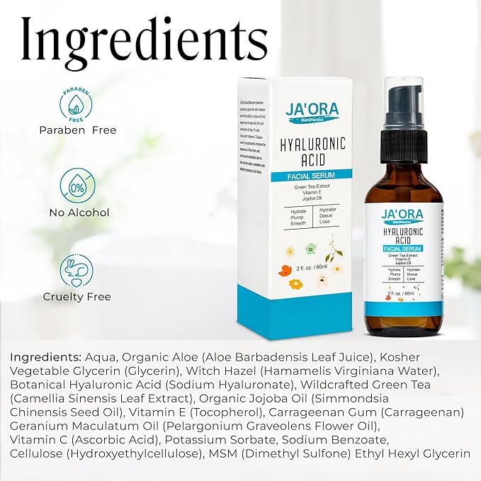 JA'ORA Skin Effective Hyaluronic Acid Serum, 60ML - Anti-Aging with Aloe Vera & Vitamin E, Hydrating, Firming, Brightening for Even Skin Tone & Wrinkle Care