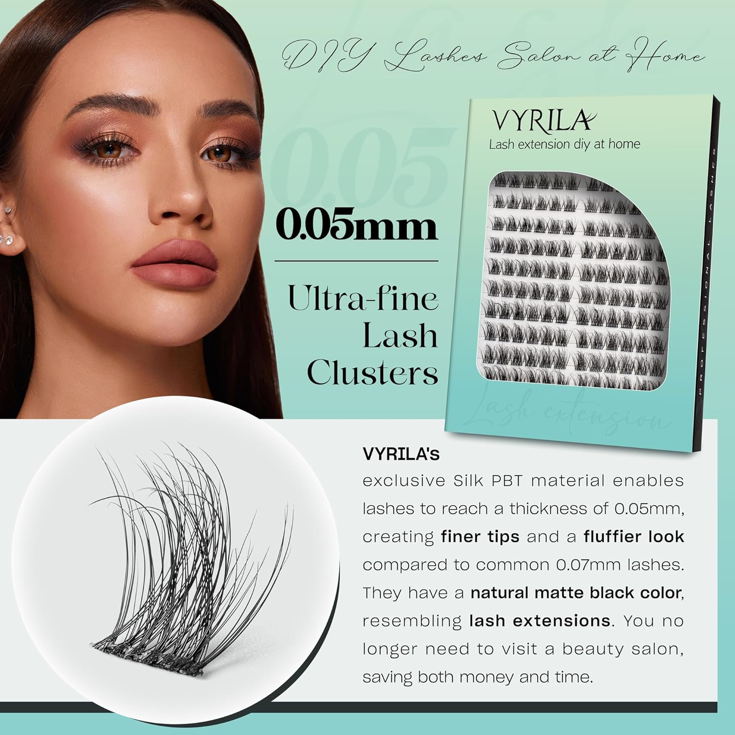 Lash Clusters 0.05mm Individual Lashes, 3D Wispy Lashes Clusters, 0.1mm Super Thin Band Resuable Natural Lashes,C Curl Faux Mink Lashes,144pcs Lash Extension (Green Vivid-C-0.05-8-16mix)