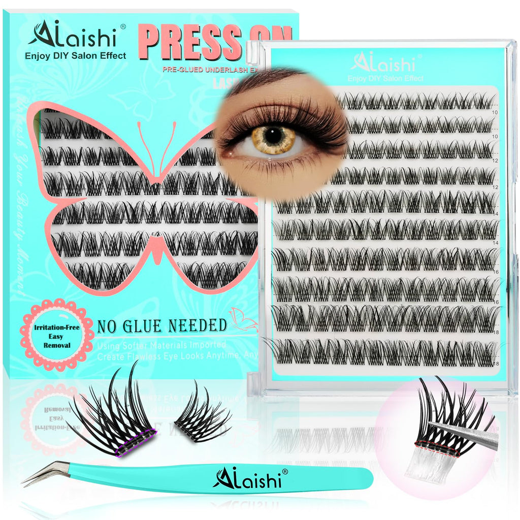 No Glue Needed Lashes, Self Adhesive Eyelashes, DIY Lash Cluster Eyelash Extensions Kit 10‑18mm,120pcs Fluffy D Curl Soft Natural Lashes with Tweezers–Fake Cat Eye Wispy Individual Clusters(NGDY101)
