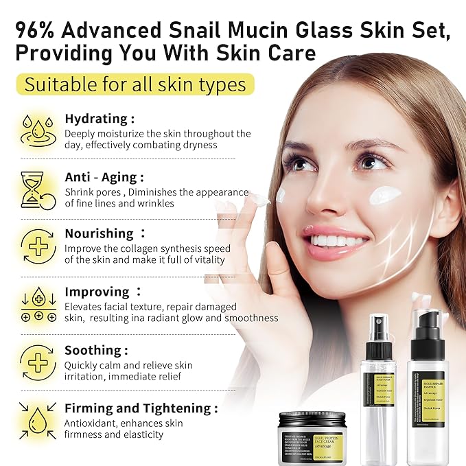 Advanced Snail 96% Mucin Power Essence Set – Korean Skincare Set for Women, Includes Snail Mucin Serum，Hydrating Toner & Face Cream, Moisturizing & Skin Renewal, 3PCS Travel Size Toiletries
