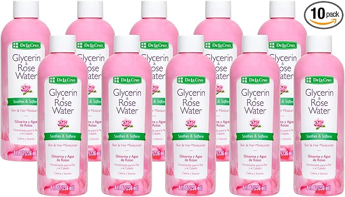 De La Cruz Rose Water and Glycerin for Face - Rosewater Facial Toner and Moisturizer for Skin and Hair 8 fl oz (236 mL) - 10 Bottles
