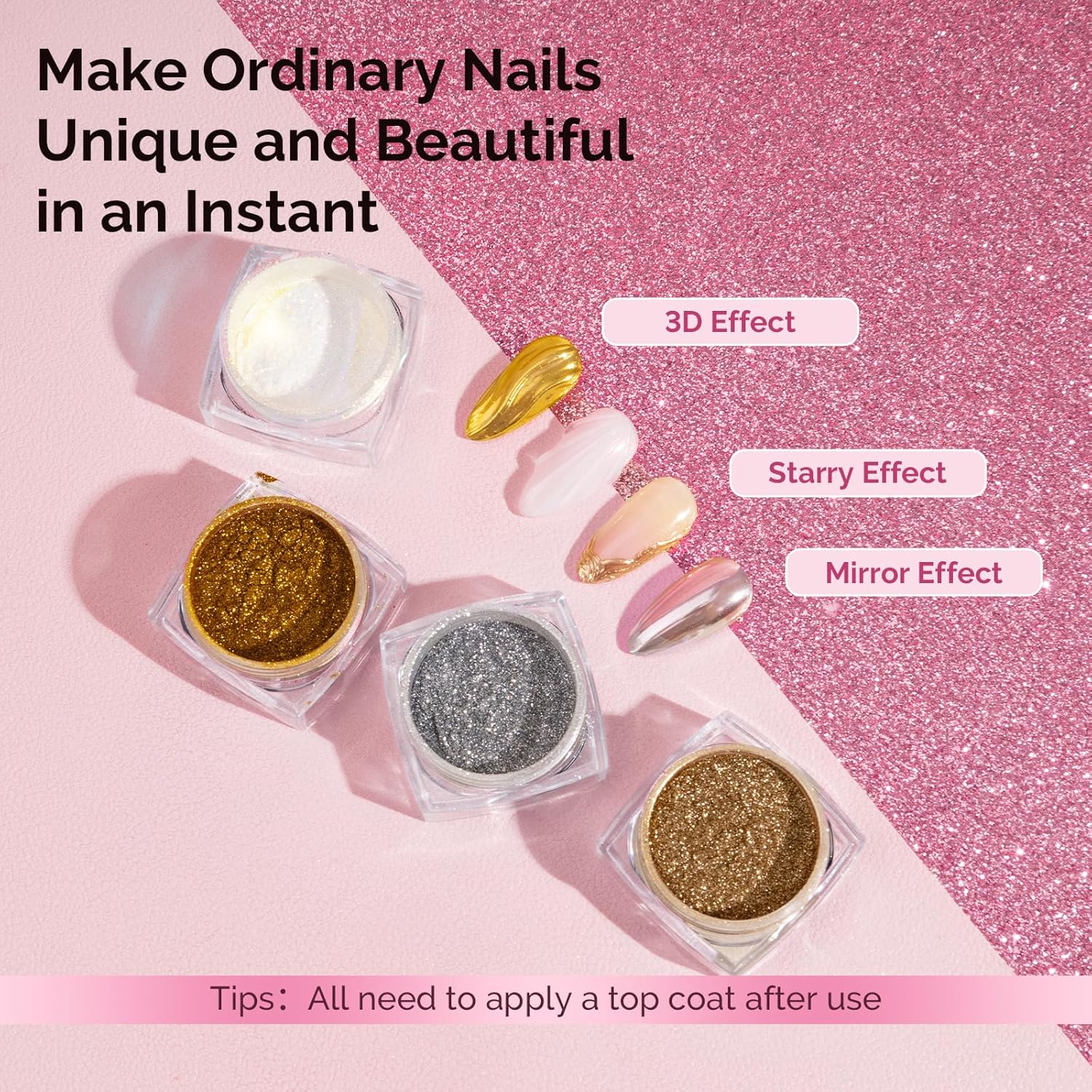 MelodySusie 4Pcs Chrome Nail Powder for Gel Nails, Aurora Fine Glitter Powder Mirror Effect Pigment Pearlescent Mermaid Pigment Pearl Glitter for Home DIY Salon Use