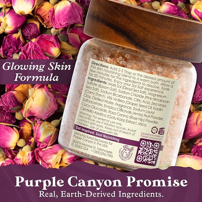 PURPLE CANYON SolSalts Fountain of Youth Bath Salts | Lavender, Rose, & Cedar Leaf Scented Detox Soak with Epsom Salt, Amla & Rosehip for Glowing Skin