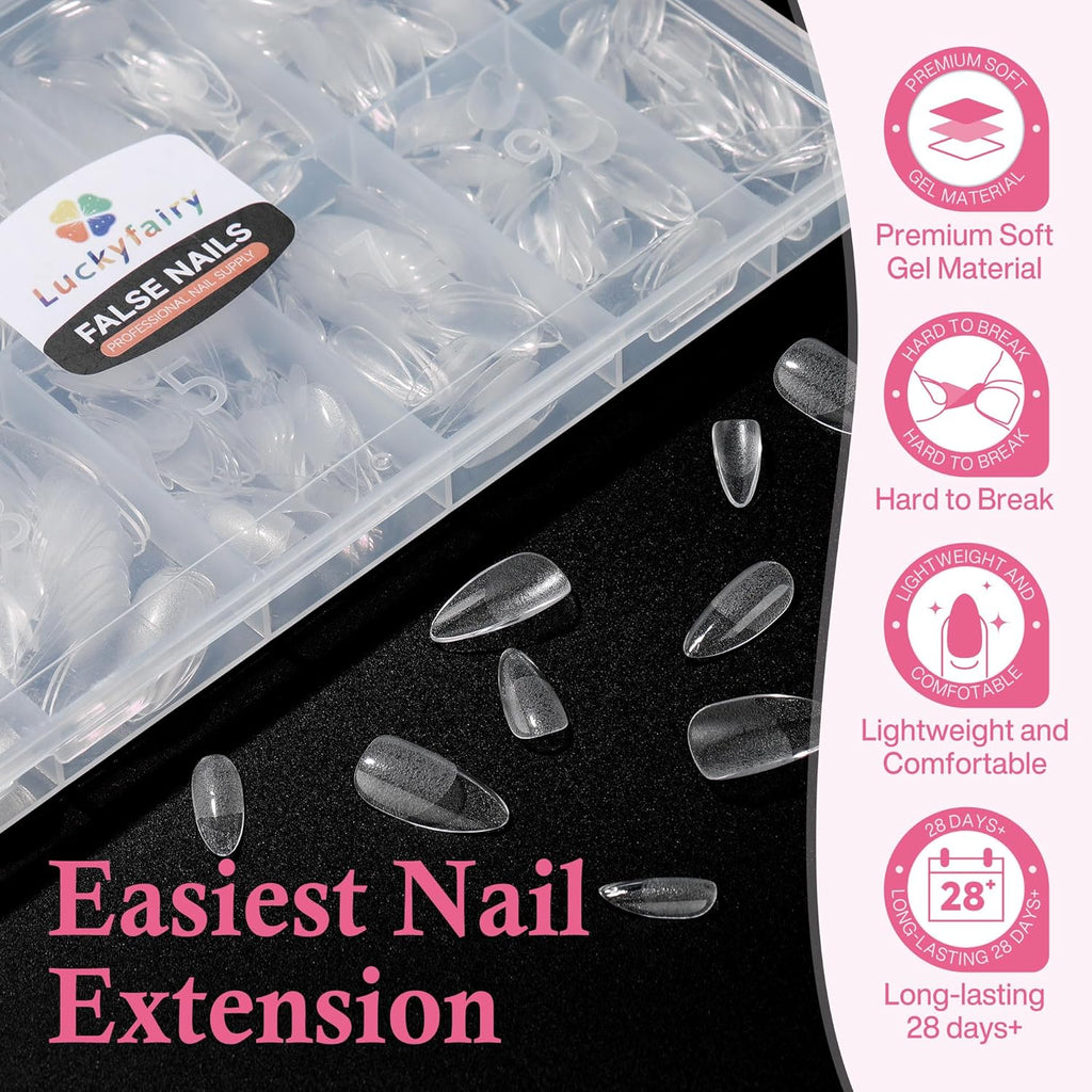 Almond Nail Tips: 240pcs Pointed Almond Soft Gel Nail Tips, Pre-shape Short Nails, Half Matte Full Cover Clear Acrylic Fake Press On Nails for Nail Extension Home Nail Art 12 Sizes Gelly Tips