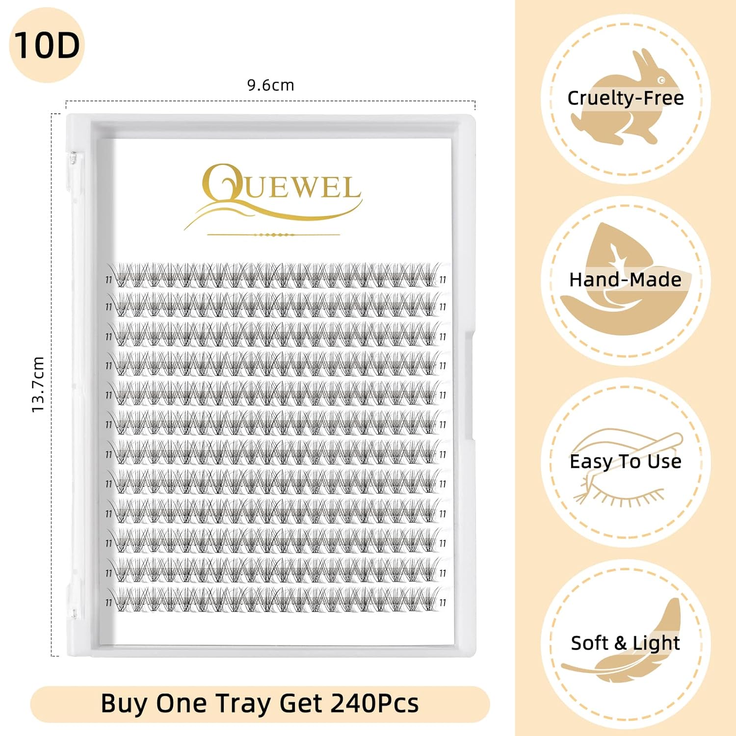 QUEWEL Cluster Lashes 240Pcs Individual Lashes 10D 0.10D Curl 11mm Knot-Free Lash Extensions Clusters Lashes Soft&Natural False Eyelashes Individual DIY Eyelash Extension at Home(10D 0.10D 11)
