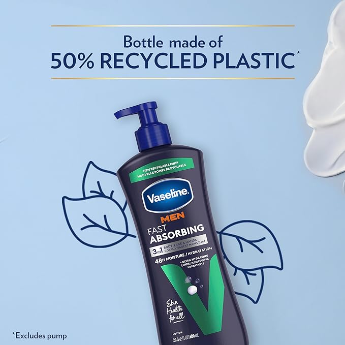 Vaseline Men's Healing Moisture Hand & Body Lotion For Dry or Cracked Skin Fast Absorbing Non-Greasy Lotion for Men 20.3 oz, Pack of 3