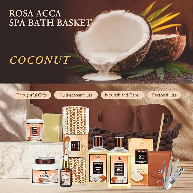 Mother's Day Gift for Mom, Spa Gift Set, 12pcs Spa Basket Set Coconut & Almond For Women & Men, Body Wash, Bubble Bath, Bath Soak, Manicure Set, Birthday Gifts, Gift for Her Home Bath, Self Care Kit
