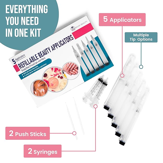 5 Refillable Beauty Applicator Pens_Multi-Use Empty Refillable Cuticle/Hair/Nail Oil Pen, Lip Gloss Tube Washable, Reusable Liquid Applicators for DIY Beauty_2 Syringes & Push Sticks