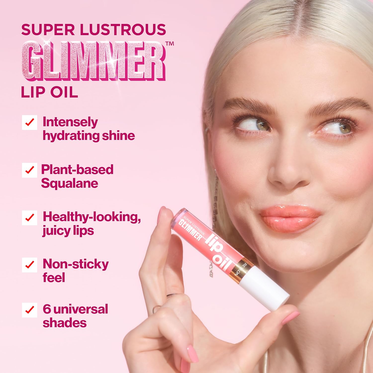 REVLON Super Lustrous Glimmer Lip Oil, Moisturizing & Tinted, Shiny Finish, Made with Plant-Based Squalane, 001 Candy Hearts, 0.13 fl oz