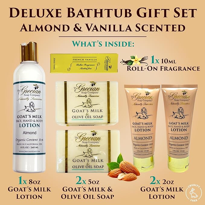 Deluxe Gift Basket for Women - 6pcs Goat Milk & Olive Oil Skin Care Set, Birthday Gifts, Spa Gift, Bridal Shower Gifts, Gifts for Mom, Almond Scent, Handmade in the USA