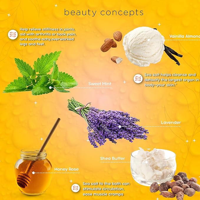 B.C. Beauty Concepts Aromatherapy Bath Salts- Epsom Salts for Soaking, Relaxing Bath Spa Set, Scented in Vanilla Almond, Shea Butter, Sweet Mint, Honey Rose, and Lavender, Sage Floral