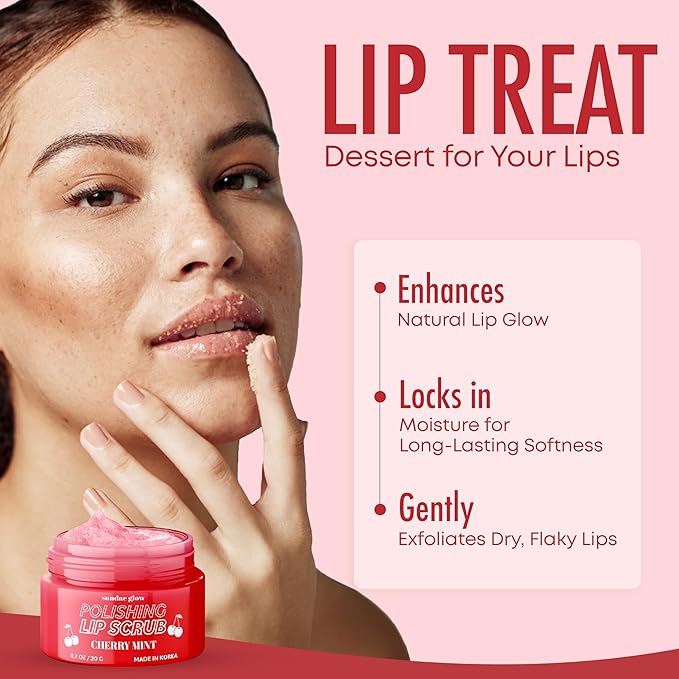 Cherry Mint Lip Scrub - Dermatologist Tested, Anti-Aging, Korean Skin Care, Deep Exfoliation & Hydration - Smooth, Soft, Plump Lips - Clean Beauty, Vegan, Non-GMO - 1 Pack