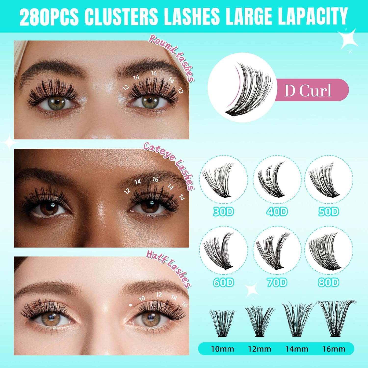 Lash Clusters Wispy 280PCS Eyelash Extension 60D Cluster Lashes Individual Lashes DIY Lash Extension Natural Look Cluster Eyelash Extensions Soft False Eyelashes at Home for Beginners(12mm)
