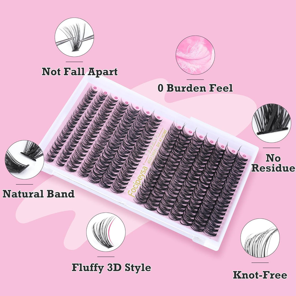 Focipeysa Eyelash Extension Kit D Curl Lash Clusters 280pcs DIY Lash Extension Kit 40D Individual Lashes with Lash Bond and Seal Lash Applicator DIY Lashes Kit for Individual Eyelashes Beginners