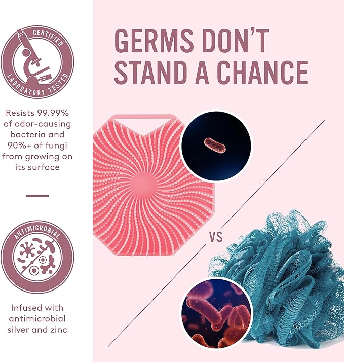 Sud Scrub® Antimicrobial Silicone Body Scrubber, Exfoliating Body Scrubber for Sensitive Skin, Eco Friendly Shower Scrubber for Body, Silicone Body Brush for Showering, Pink