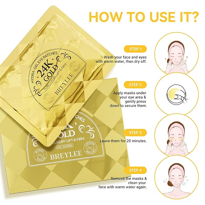 BREYLEE Under Eye Patches (30 Pairs), 24K Gold Eye Masks for Reducing Wrinkles and Fine Lines Under eye, Puffy Eyes and Dark Circles Treatments, Improve and Firm eye Skin, Pure Natural Extract