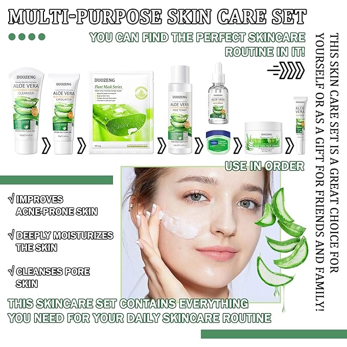 10Pcs Skin Care Kit,Skincare Gift Set with Facial Cleanser,Toner,Serum,Eye Cream, Face Cream,Exfoliating Gel,Sleeping Lip Mask & 3 Pcs Aloe Vera Mask Kit for Women