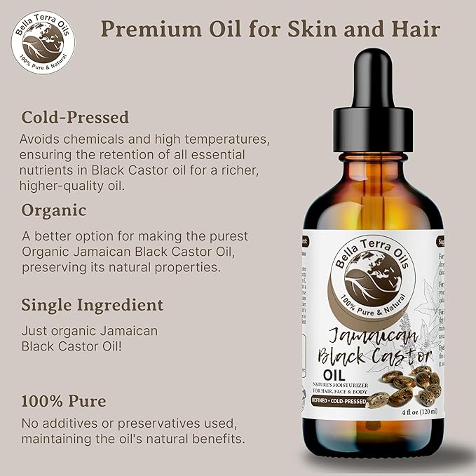Bella Terra Oils - Black Castor Oil for Face 4oz - A Treasure of Vitamins & Ricinoleic Acid, For Radiant Skin Complexion