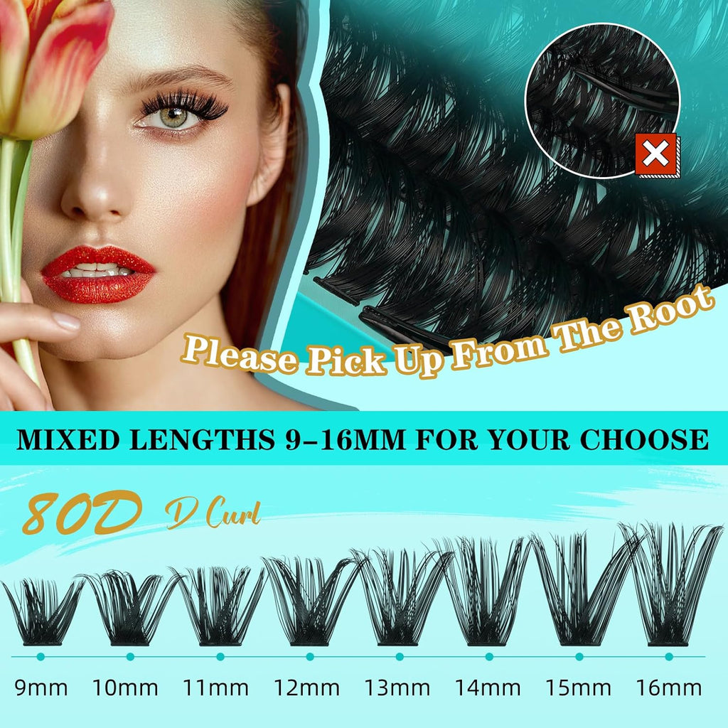 Lash Clusters Kit 240PCS Eyelash Extension Kit D Curl Wispy Clusters Lash DIY Lashes Extensions Kit Natural Individual Lashes Kit with Lash Bond and Seal Eyelash Tweezer(80D,D-Mix9-16mm)