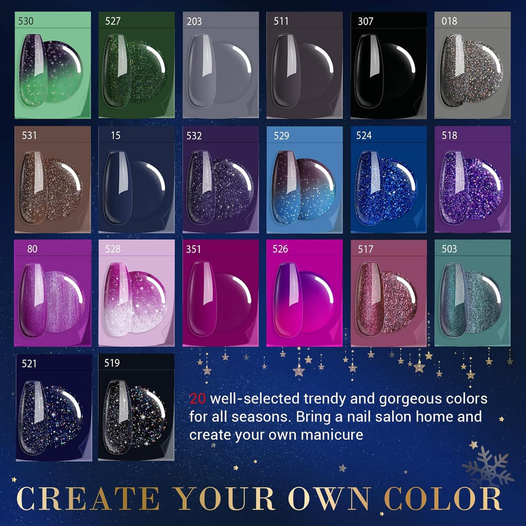AZUREBEAUTY Dip Powder Nail Kit Starter Color Changing Glitter 20 Colors Magic Special Effect Dipping Powder Liquid Set with Base/Top Coat Activator for French Nails Manicure DIY Salon