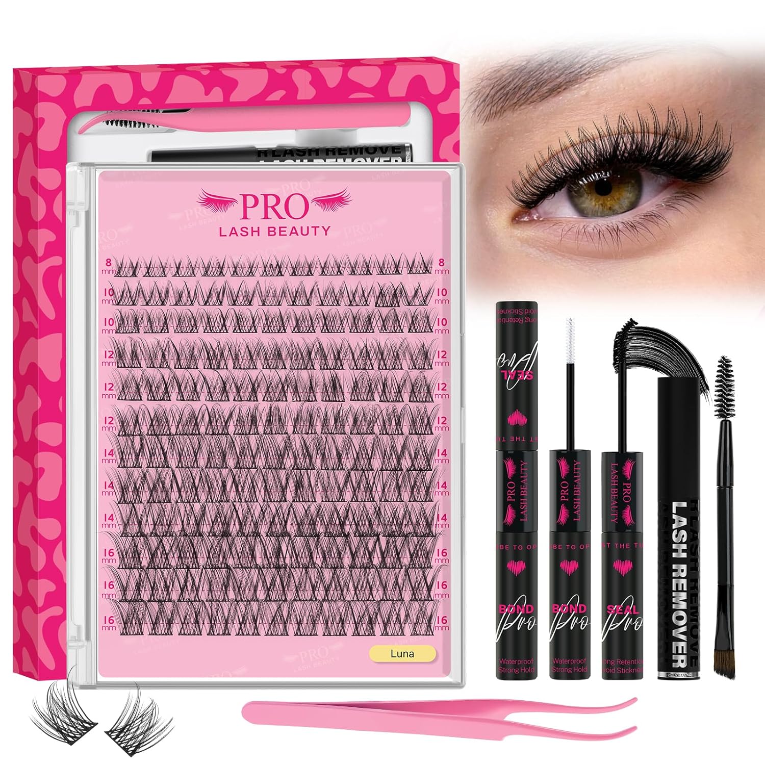 PROLASHBEAUTY Natural Lash Clusters Kit Lash Extension Kit Wispy Lash Clusters Lash Bond Remover Eyelash Applicator Beginner DIY Lashes Kit Easy to Use(Luna,8-16mix)