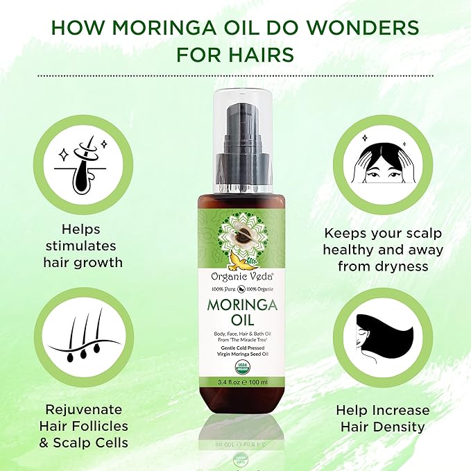 Organic Veda Moringa Oil - USDA Cold Pressed Virgin Moringa Seed Oil - 100% Pure Moringa Skin Care Oil Moisturizer for Face, Nails, Foot, Body & Hair - Unrefined, Vegan & Gluten Free - 3.4 fl oz