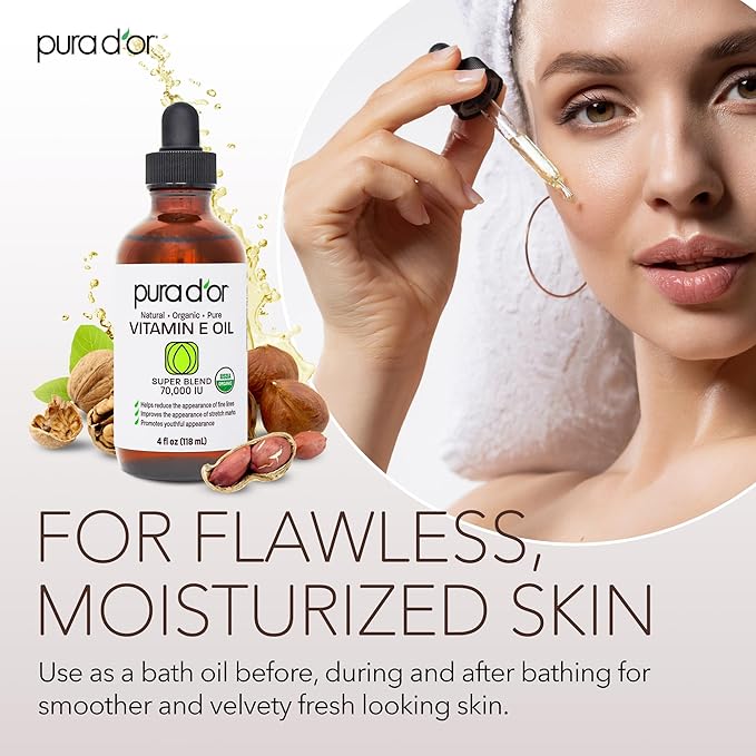 PURA D'OR 4 Oz ORGANIC Vitamin E Oil Blend 70,000 IU - 100% Natural Hexane Free, Sweet Almond, Apricot, Jojoba, Argan, Rosehip, Sunflower & Avocado Bath Oil For Scars, Skin, Face & Full Body