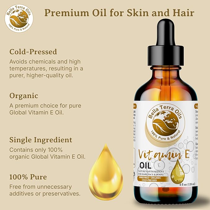 Bella Terra Oils - Organic Vitamin E Oil 2oz - Celebrate Natural Organic Vitamin E's Nutrient-Rich Legacy, D-Alpha Tocopherol Derived, A Must-Have for Luxurious Skin