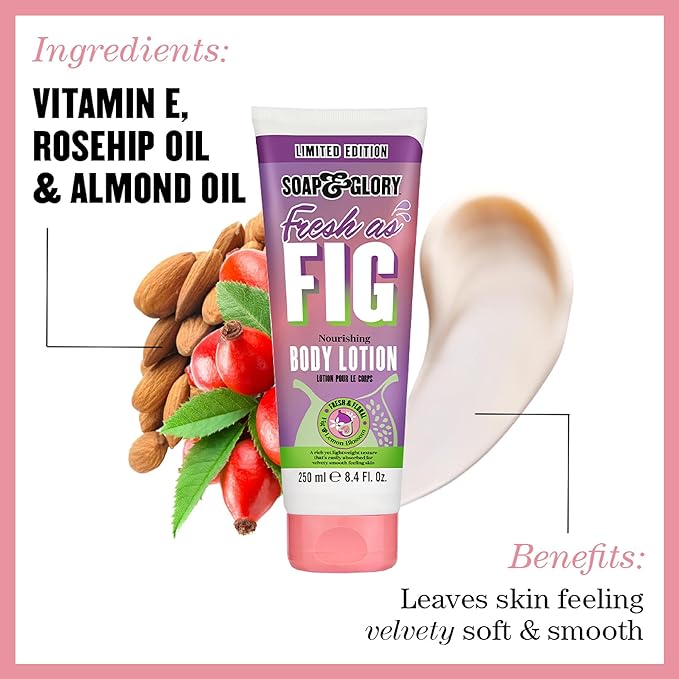 Soap & Glory Fresh as Fig Vegan Body Lotion - Limited Edition Body Lotion for Dry Skin - Made with Almond Oil, Rosehip Seed Oil & Vitamin E - Scented with Fig & Sparkling Lemon Blossom (250 ml)