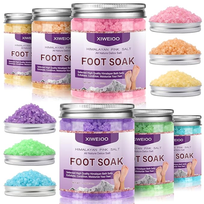 Foot Soak 6 Himalayan Foot Bath Salt Set Orange Lavender Aloe Ocean Blue Himalayan Pink Salt Rose Feet Soak kit with Epsom Salt,Soothe Joint Soreness, Tired Feet, Softens Calluses