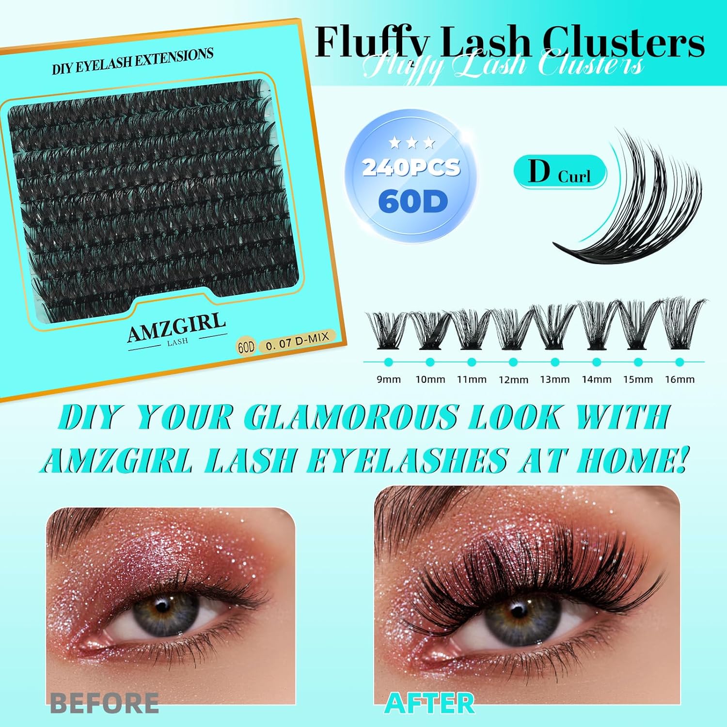 Lash Clusters 240pcs Eyelashes Cluster Individual Wispy Lashes Thin Band for D Curl Lash Extension Eyelashes for Beginners at Home,False Eyelashes Soft Eyelash Clusters(60D,D-Mix9-16mm)