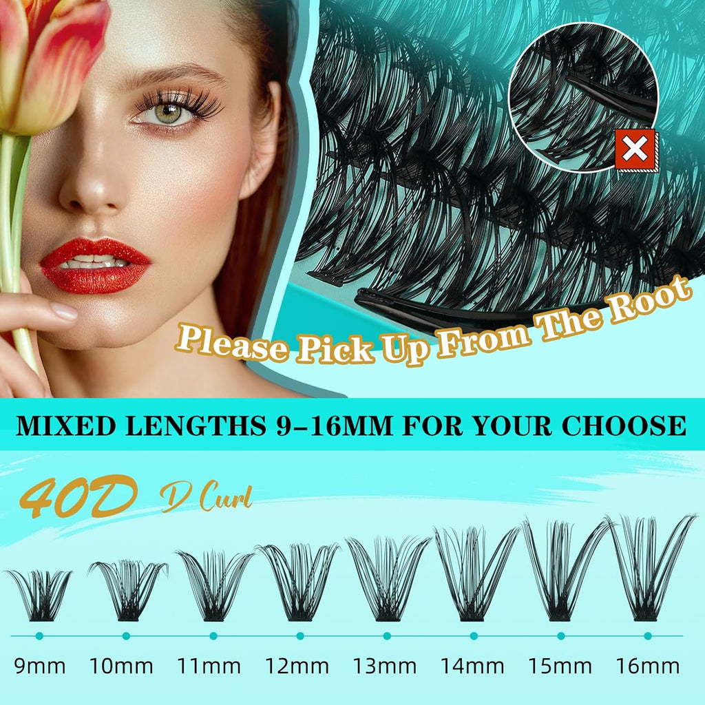 Lash Clusters Kit 240PCS Eyelash Extension Kit D Curl Wispy Clusters Lash DIY Lashes Extensions Kit Natural Individual Lashes Kit with Lash Bond and Seal Eyelash Tweezer(40D,D-Mix9-16mm)