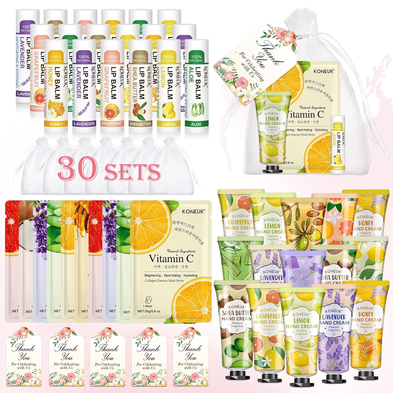30 Pack Bulk Facial Mask, Bulk Hand Cream and Bulk Lip Balm Sets, Bridesmaid Gifts, Thank You Gifts, Bridal Shower Favors and Baby Shower Party Favors for Guests, Birthday Gifts, Small Gifts for Women