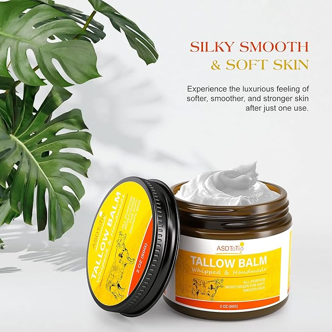 Handmade Whipped Tallow Balm for Skin Care- All Natural Grass Fed Beef Tallow All Purpose Balm,Face and Body Moisturizing Cream, Tallow Balm For Dry Skin- 2 oz