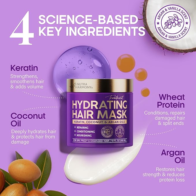 Hydrating Hair Mask - For Dry Damaged Hair - Moisturizing Keratin Treatment - Argan & Coconut Oil | Biotin | Collagen - Deep Conditioning, Anti Frizz Product for Women - Care for All HairTypes, 10 Oz
