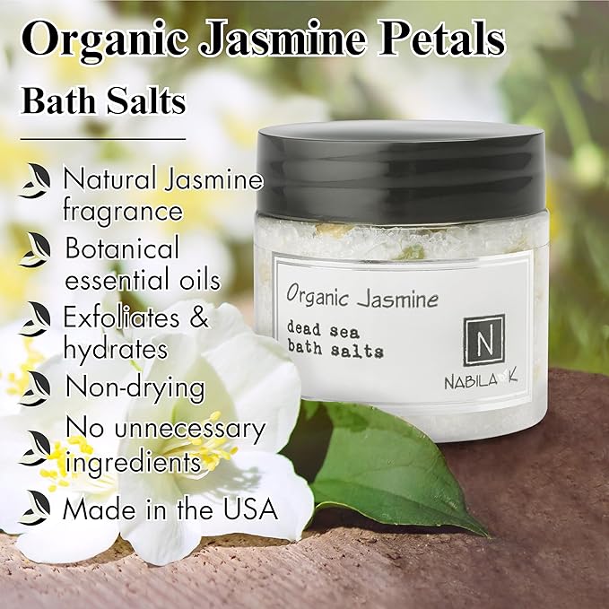 Organic Jasmine Bath Salts by Nabila K - Dead Sea Salt & Epsom Salt Scrub & Soak - Exfoliates & Hydrates Skin, Botanical Essential Oils - Bubble Bath Accessories for All Skins Types, 8 oz