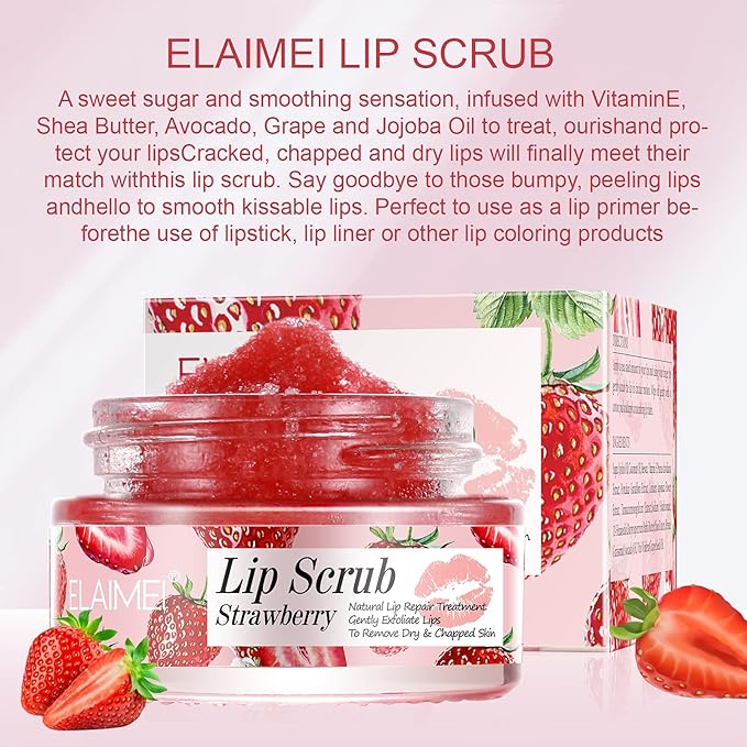 Strawberry Lip Scrub & Repair, Exfoliator & Moisturizer for Chapped, Dry and Flaky Lips