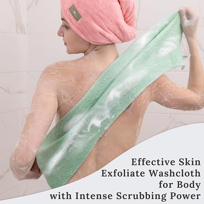 myHomeBody Exfoliating Washcloths for Showering, Loofah Body Scrubber Exfoliator, Back Shower Towel, Bath Washer for Exfoliation, Light Green, Set of 2