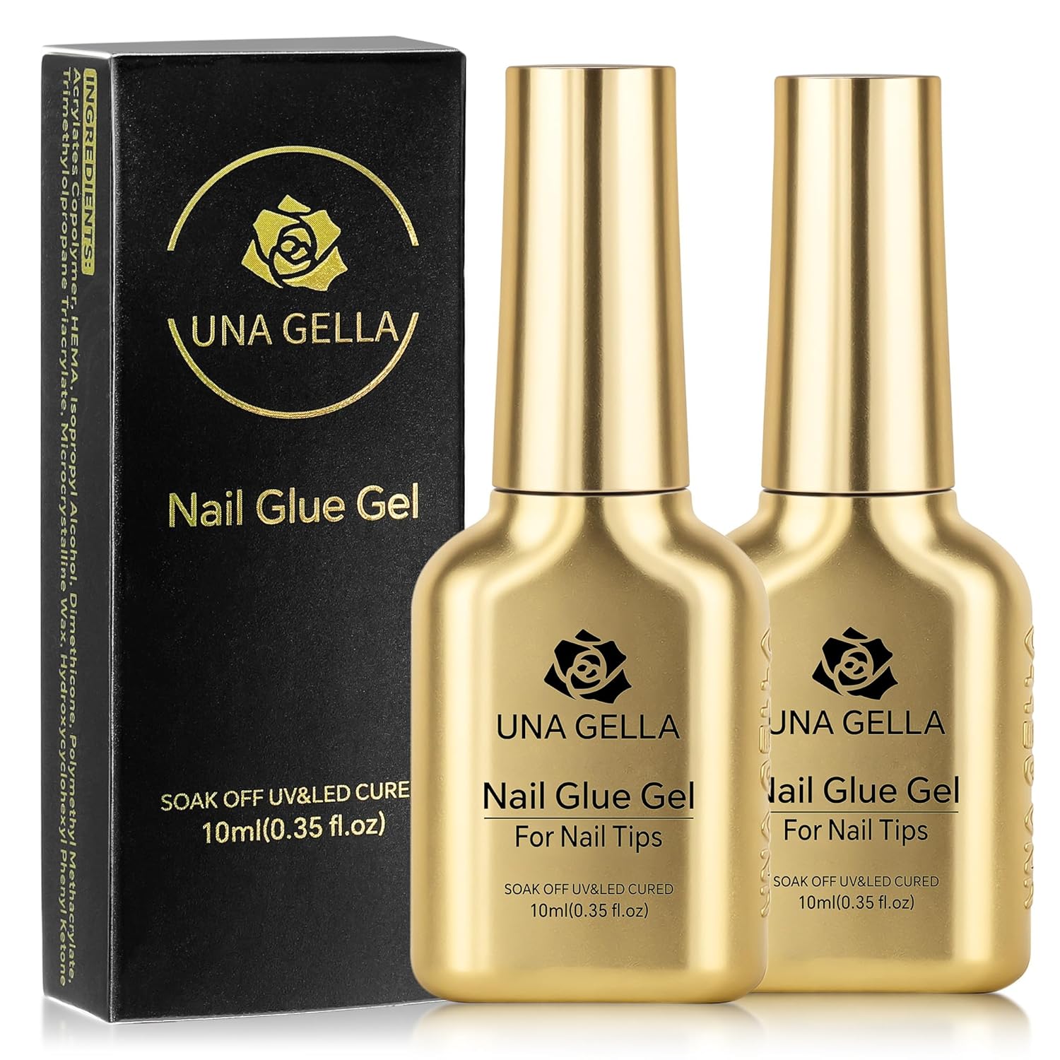 UNA GELLA 6 in 1 Gel Nail Glue for Acrylic Nails Tips 2 Pcs 10ml Super Strong Nail Glue Long Lasting Brush On Nail G el Glue Curing Needed U V for Base Coat, Soft Gel Nail Tips, Clear Press on Nails