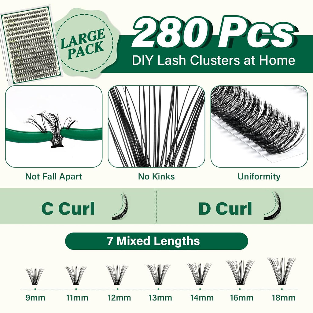 KEYYOU Lash Extension Kit DIY 300Pcs Lash Clusters Eyelash Extension Kit 40D 0.07 D Curl 9-18MIX Lash Clusters Kit with Lash Glue Remover Applicator Easy to Use for Beginners(Kit,40D-D,9-18MIX)