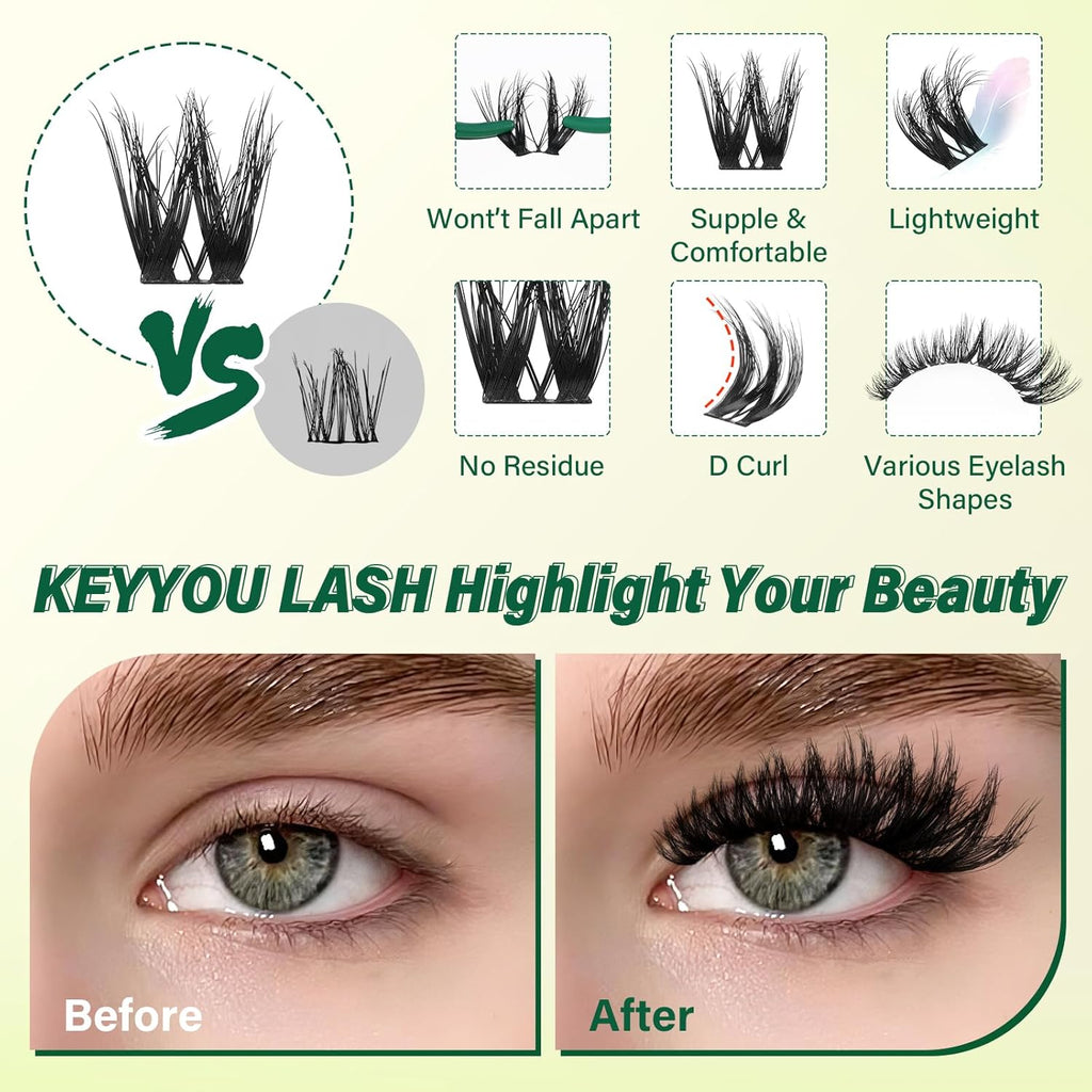 KEYYOULASH Flora Lash Clusters Kit 3D DIY Lashes Extension Kit Eyelash Clusters 144pcs Thick Individual Lashes Fluffy and Soft Wispy Volume Lashes with Waterproof Lash Bond and Seal & Remover (F01)