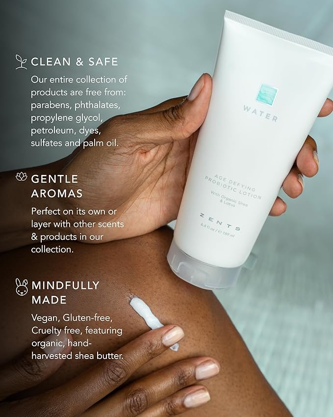 Zents Age-Defying Probiotic Body & Hand Lotion (Water) | Moisturizing Lotion with Hyaluronic Acid & Organic Shea Butter | Nourishes & Hydrates Skin | 6.4 fl oz