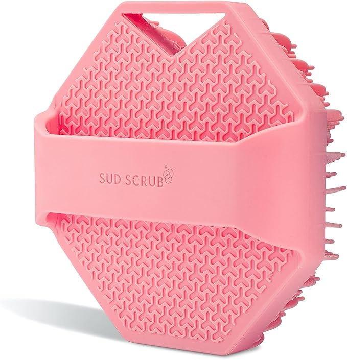 Sud Scrub® Antimicrobial Silicone Body Scrubber, Exfoliating Body Scrubber for Sensitive Skin, Eco Friendly Shower Scrubber for Body, Silicone Body Brush for Showering, Pink