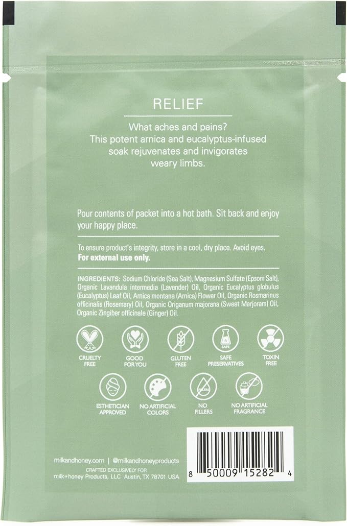 milk + honey Muscle and Bath Soak No. 18, with Eucalyptus, Arnica, Rosemary and Sweet Marjoram Moisturizing Soak, Sea Salt and Epsom Salt Bath, 6 Packets