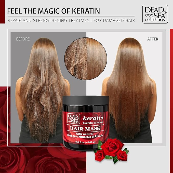 Dead Sea Collection Keratin Hair Mask - Repair, Strengthening and Hydrating Treatment for Damaged Hair - with Nourishing Dead Sea Minerals and Keratin - 16,9 Fl. Oz