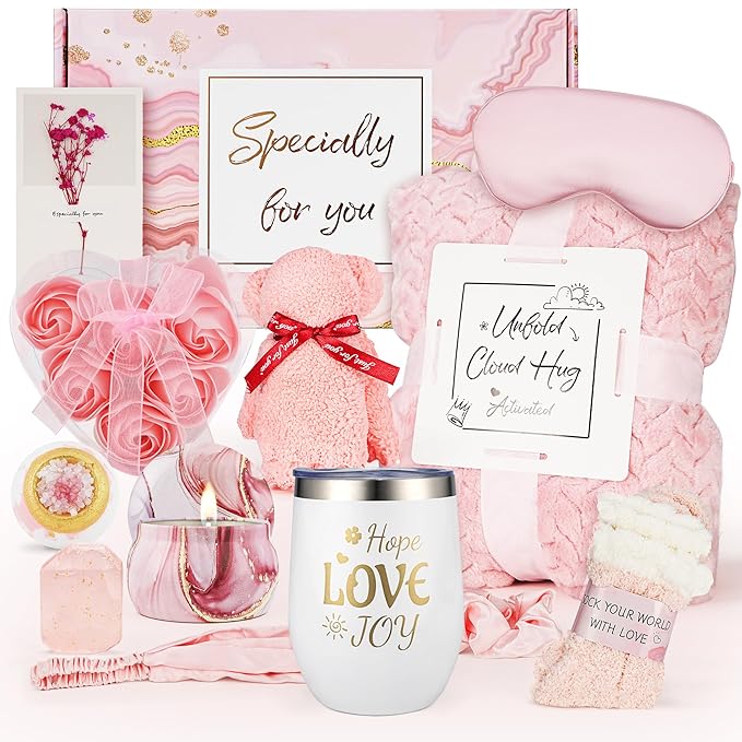 Birthday Gifts for Women - Luxury Self Care Gift Basket for Her, Mom, Sister, Bestied Coworker - Unique Spa Care Package with Flannel Blanket - Ideal for Mother's Day, Get Well Soon